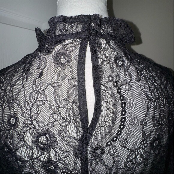 Banana Republic Blouse Womens M Petite Black Sheer Floral Lace High Neck Goth - Picture 5 of 12